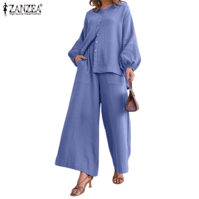 Zanzea 2 件套女士長袖襯衫 + 長褲彈性高腰休閒寬鬆套裝