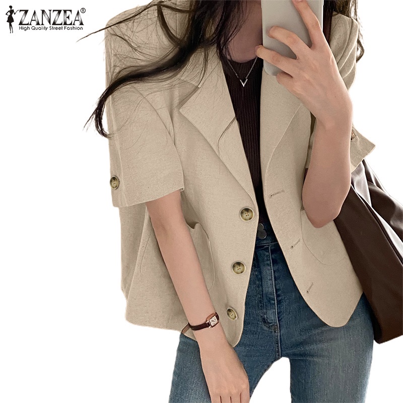 Zanzea 女式韓版休閒西裝領短袖口袋西裝外套