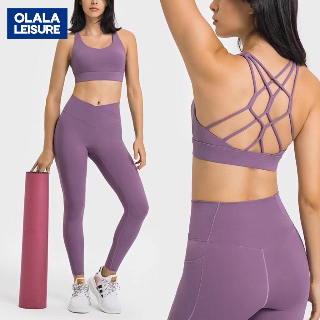 OLALA 新款時尚套裝交叉美背運動內衣+交叉腰頭高彈提臀雙側插袋無T線九分瑜伽褲