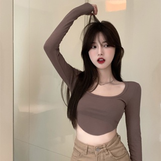 韓系女版緊身顯瘦短版露肚緊身長袖T恤