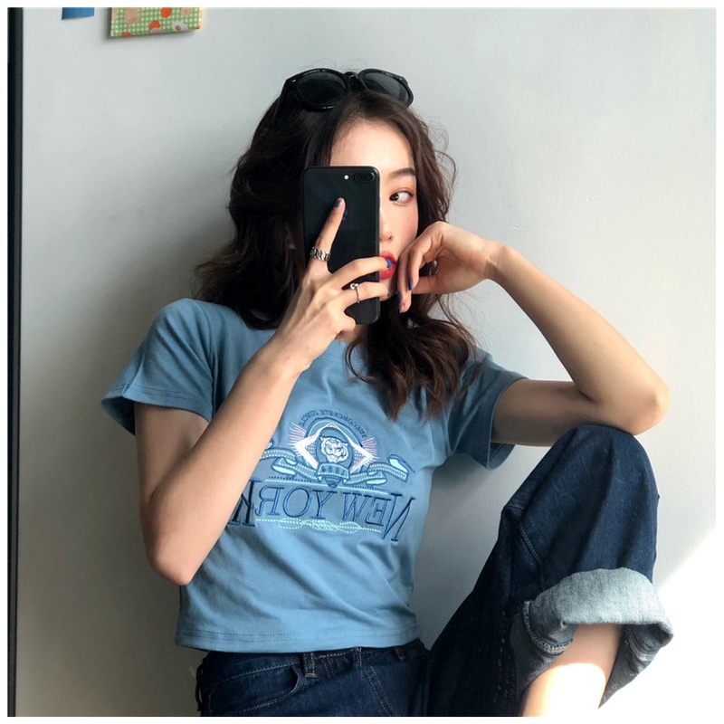 短袖T恤女2023夏季新款韓版網紅熱門泫雅風短版刺繡學生緊身上衣
