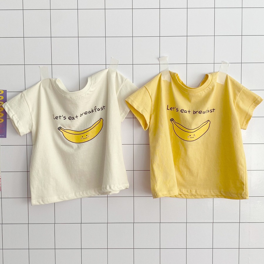 現有商品2024夏季兒童上衣男孩t恤卡通塗鴉香蕉印花女孩短袖1-3歲