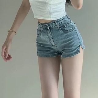 SY高腰直筒褲女淺藍色開叉牛仔短褲辣妹緊身彈力百搭a字褲小個子美式包臀短褲甜辣風日系穿搭短褲潮