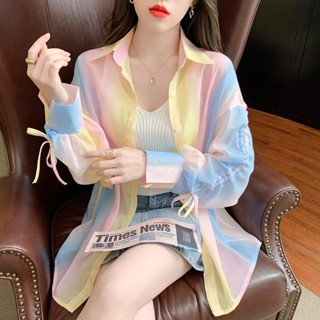 【JODIES】漸變色彩虹防曬衣女 夏季薄款長袖襯衫 韓系時尚洋氣抽繩冰絲防曬開衫 女生長袖上衣夏天衣服
