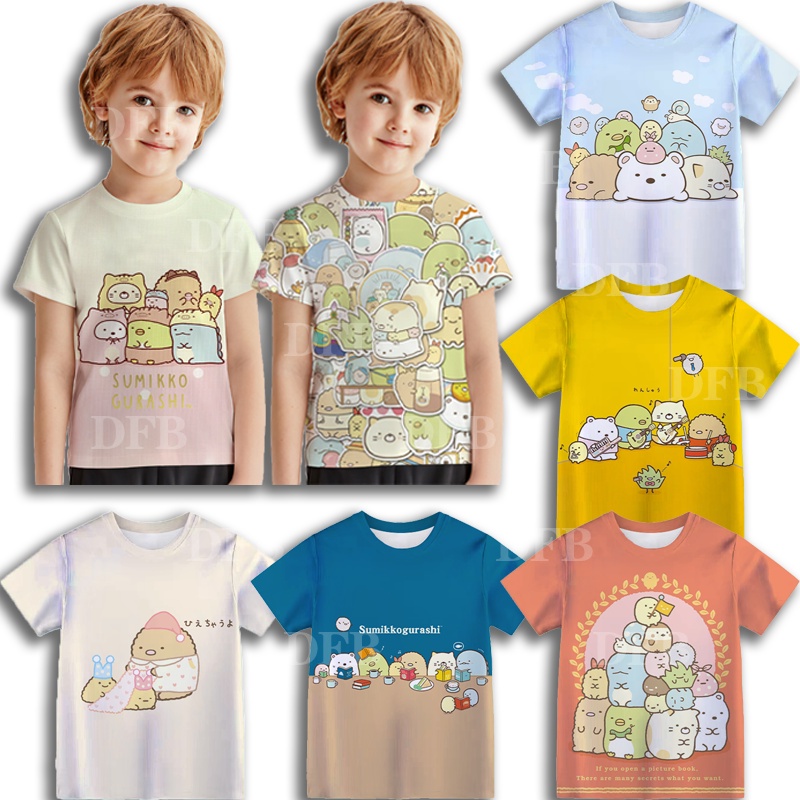 角落生物 兒童印花T恤夏季舒適寬鬆兒童短袖可愛男女童襯衫