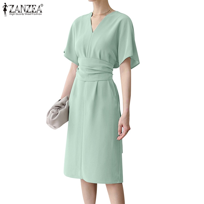Zanzea 女式韓版優雅時尚 V 領短袖收腰純色連衣裙