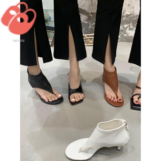 韓國訂製小眾設計露趾夾腳貓跟涼靴女2023年夏新款個性時裝人字後拉鍊涼鞋