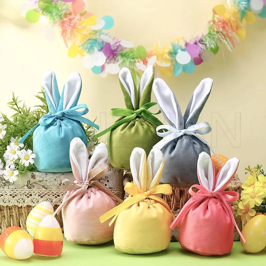 [精選] 復活節兔子耳朵甜食袋桶派對婚禮用品胡蘿蔔兔耳朵糖果禮物包裝袋天鵝絨抽繩袋