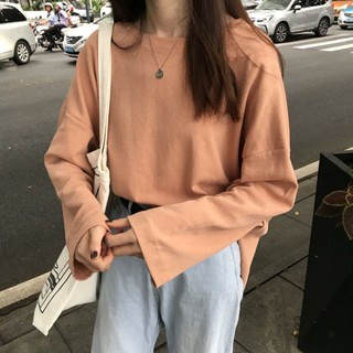秋季新款 素色長袖 T恤 女 學生 韓版 寬鬆 原宿慵懶風 薄款 ins上衣 秋衣打底衫