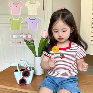 女寶寶短袖T恤 韓版兒童夏天時尚上衣 女童撞色方領T恤 新款 可愛嬰兒T恤兒童方洋氣甜美上衣