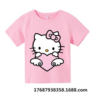 卡哇伊新款 Hello Kitty 兒童 T 恤卡哇伊貓女孩衣服嬰兒熱褲短袖 T 恤短褲休閒運動上衣 TEES