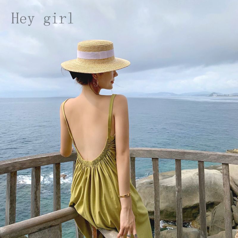 【Hey girl】酪梨綠大露背性感洋裝 顯瘦吊帶裙法式長裙子 茶系穿搭 海邊慵懶度假風長裙 過膝長洋裝 度假洋裝