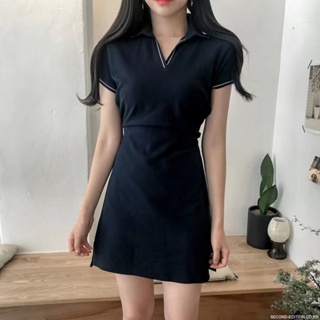 韓版夏季POLO領短袖洋裝女 抽繩收腰顯瘦T恤短裙 休閒百搭A字型連身裙
