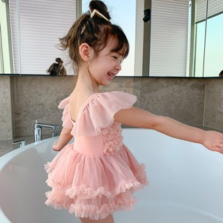 兒童泳衣女童甜美洋氣寶寶連身花邊洋裝式可愛游泳裝中兒童女孩