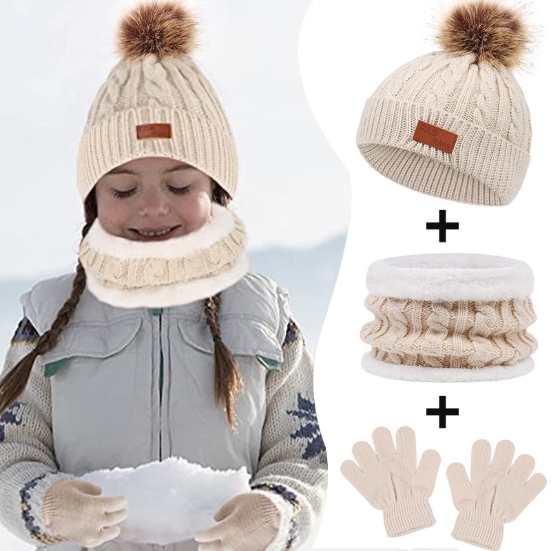 女寶寶可愛純色針織毛絨加厚三件套帽子圍巾手套兒童柔軟防風保暖帽子