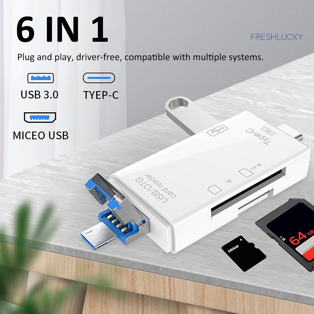 Luck 6 合 1 多功能 USB 3.0 讀卡器迷你 Type-C TF-SD 讀卡器 OTG 手機適配器