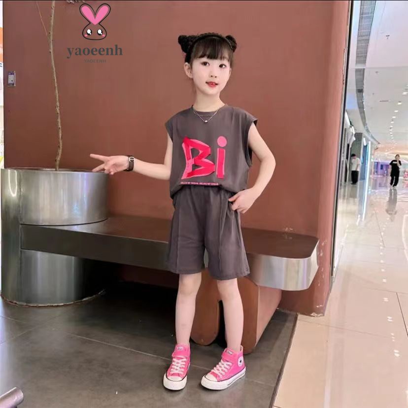 【YAOEENH】120-170CM 韓版夏季女童休閒套裝 中大童寬鬆字母無袖上衣短褲兩件套 現貨 快速出貨