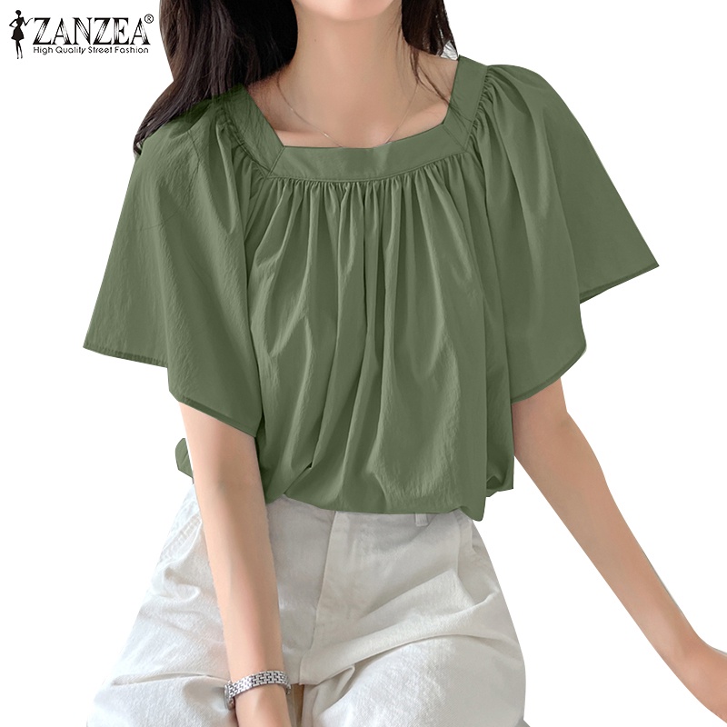 Zanzea 女式時尚休閒方領短袖百褶襯衫