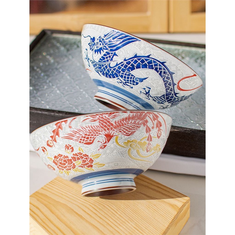 日本進口美濃燒日式陶瓷米飯龍鳳湯麵碗釉下彩防燙中號餐具婚禮品