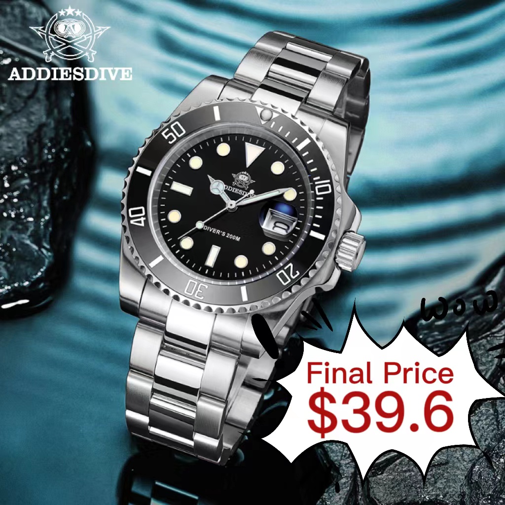 Addiesdive 新款時尚手錶不銹鋼潛水錶 200M C3 超級夜光運動豪華手錶 reloj hombre 石英男士