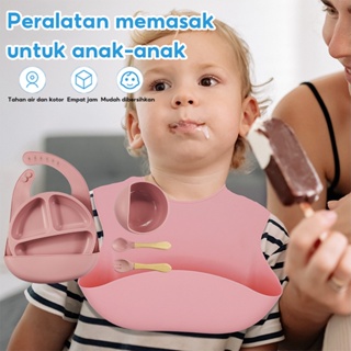 Peralatan Premium Baby Bibs 5pcs 矽膠吸盤餐具帶圍兜儿童餐具矽膠餐具兒童進口圍兜玻璃