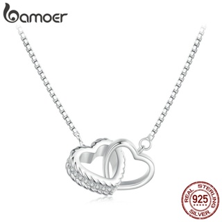 Bamoer S925 簡約兩顆心互鎖可拆卸項鍊情侶的理想情人節禮物 BSN339