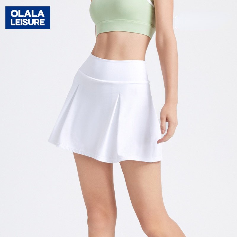 OLALA新款號瑜伽短褲裙女夏防走光速乾健身跑步運動網球裙口袋百褶高腰半身裙