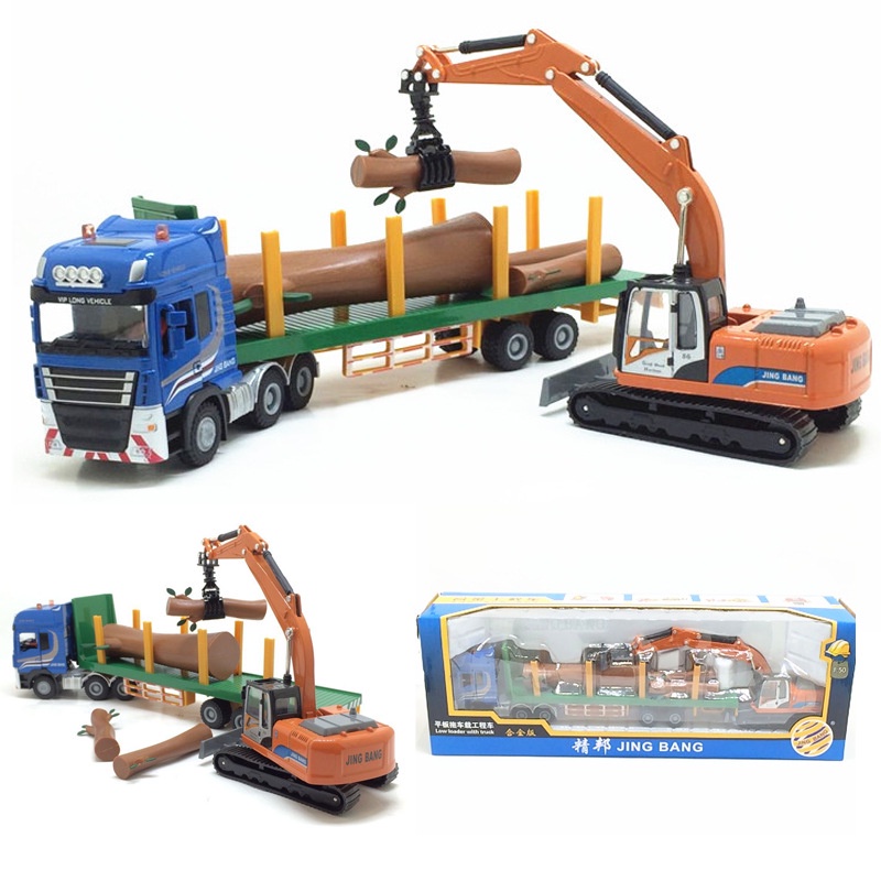 精邦半掛平板拖車木材運輸貨車帶抓木機合金運輸車模型1:50玩具