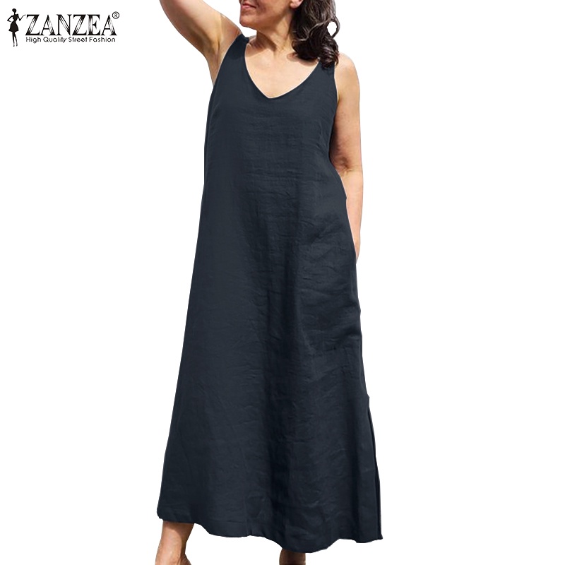 Zanzea 女士復古日常側袋棉質無袖 V 領連衣裙