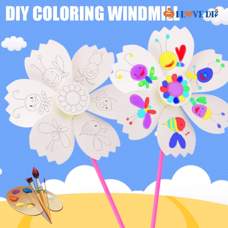 Diy手工自由填色塗鴉旋轉紙風車玩具/趣味兒童手繪風車益智玩具