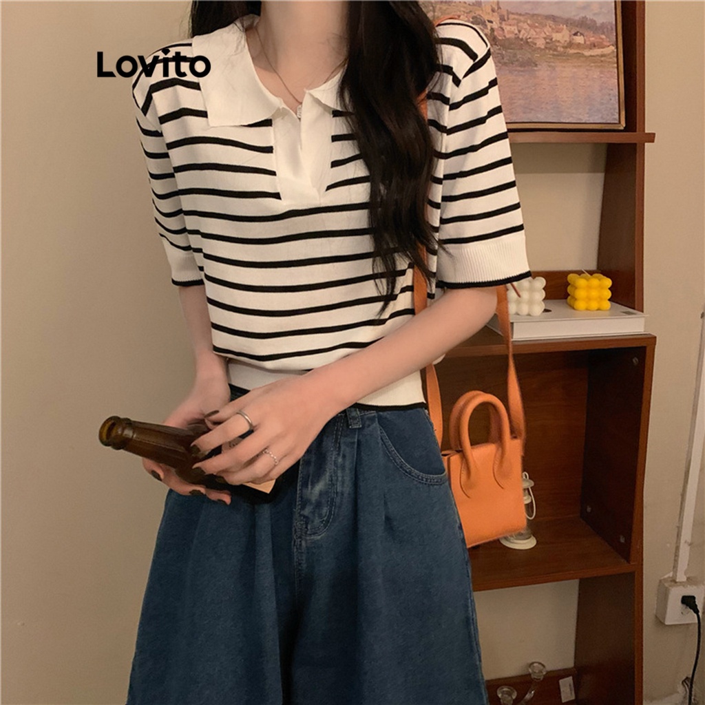 Lovito 女式休閒條紋撞色領針織上衣 LNA02065 (白色/黑色)