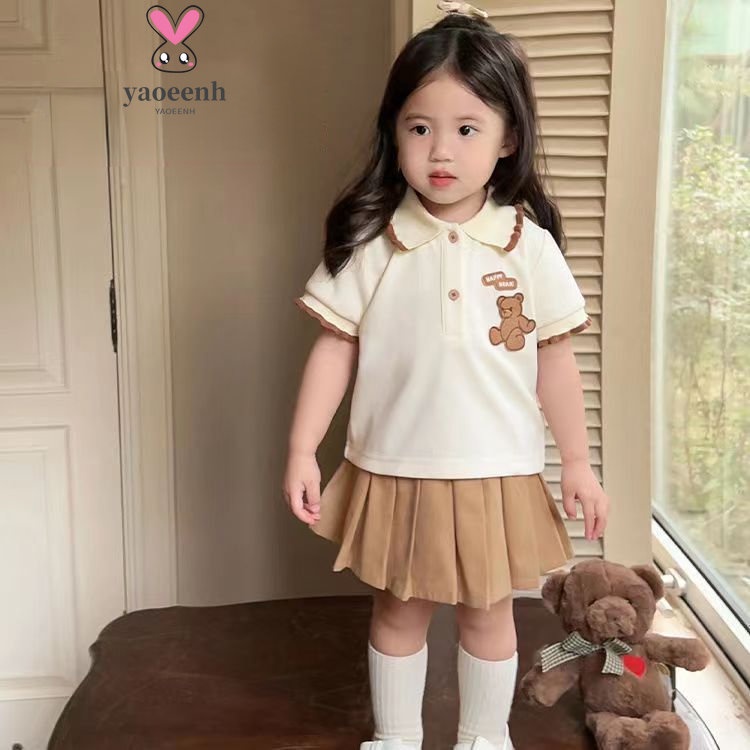 【YAOEENH】80-130CM 女童套裝 韓版中兒童學院風女孩短袖短裙兩件套 現貨 快速出貨