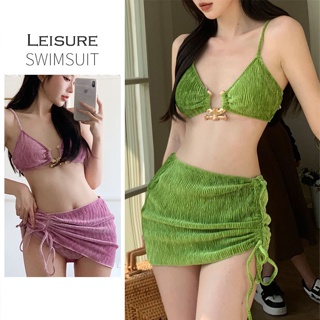 三件套泳裝綠色絲絨比基尼ins性感泳裝度假比基尼套裝