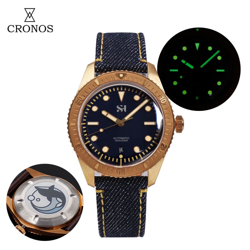 Cronos 青銅男士手錶自動 PT5000 旋轉表圈藍寶石圓頂水晶皮革錶帶 42 毫米 10 ATM 手鍊