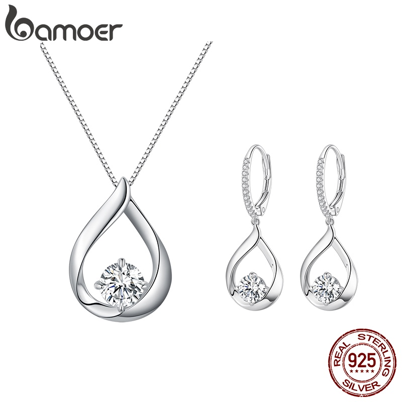 Bamoer 925 純銀水滴莫桑石耳環和項鍊女士時尚首飾