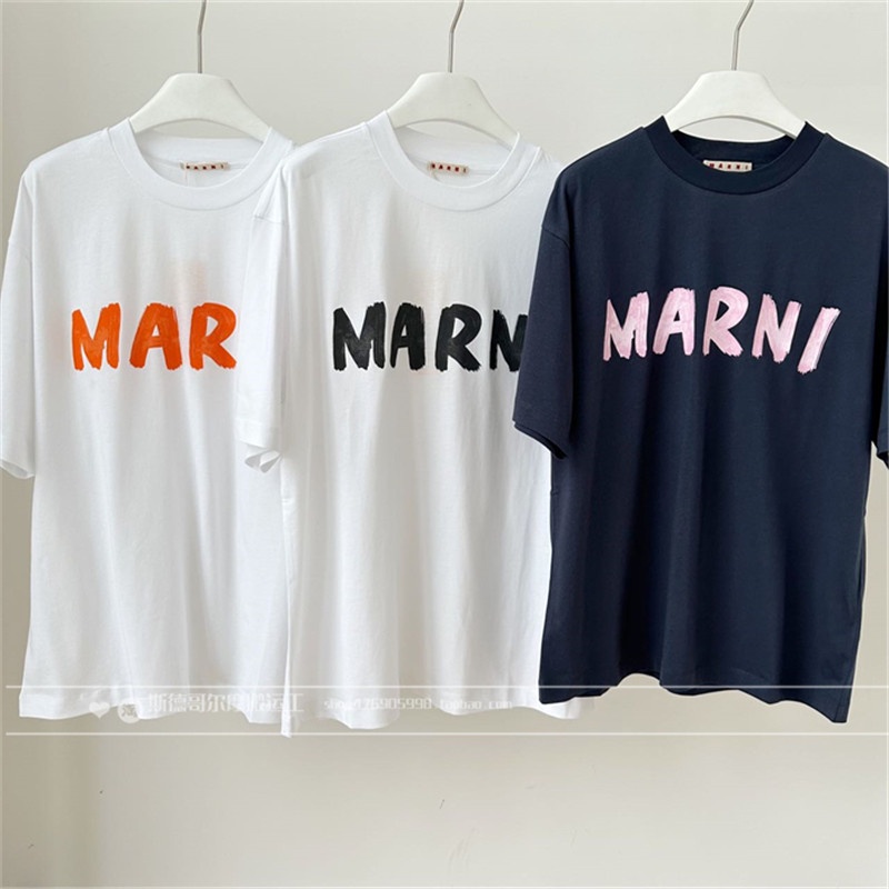 Marni春夏經典monogram標誌寬鬆短袖棉質休閒女裝純色t恤