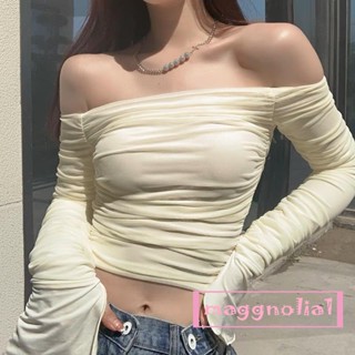 Maggnolia-女士 T 恤露肩長袖純色可愛露臍上衣時尚 Y2k 風格
