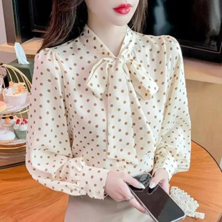 SY蝴蝶結上衣女圍巾領波點長袖襯衫韓版寬鬆顯瘦上衣秋季新款飄帶襯衣潮流風尚輕熟風日系穿搭上衣ins潮