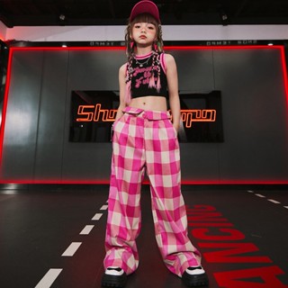 金燕子家爵士舞服套裝潮服 小女孩嘻哈街舞露肚背心格紋寬褲酷帥走秀表演服 hiphop表演服裝