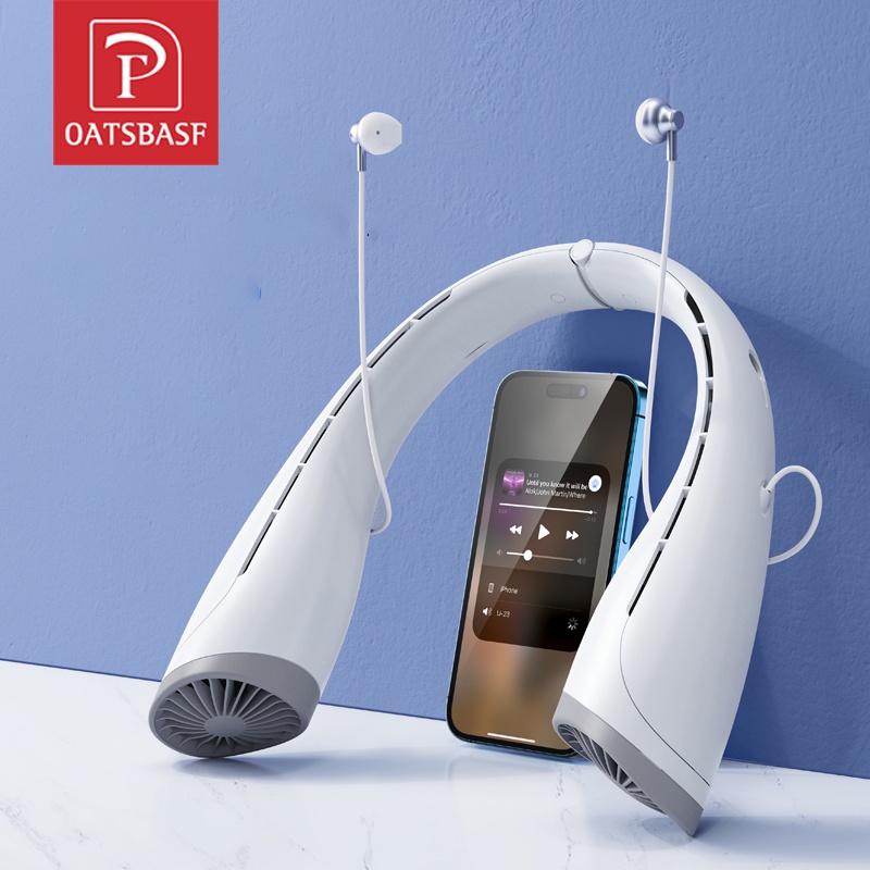 Oatsbasf 便攜式無葉掛脖風扇帶耳機迷你 USB 充電風扇戶外運動