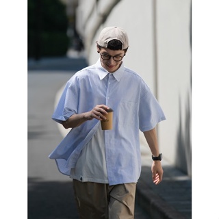 男士日系街頭嘻哈流行款式短袖襯衫條紋超大垂墜襯衫