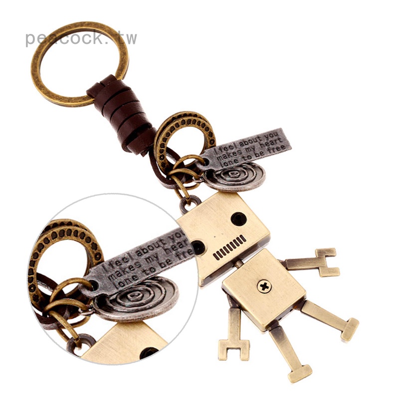 簡約卡通可愛機器人牛皮鑰匙扣 個性復古編織鑰匙吊飾 創意包包掛飾