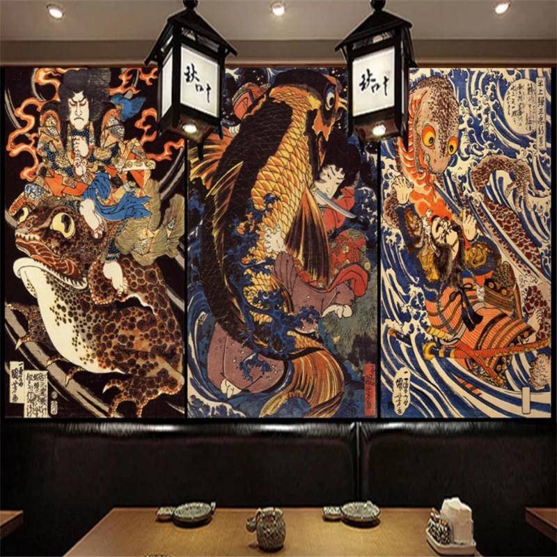定制復古日本浮世繪怪物3d照片牆紙壽司餐廳工業裝飾背景壁畫壁紙3d牆紙貼紙牆紙