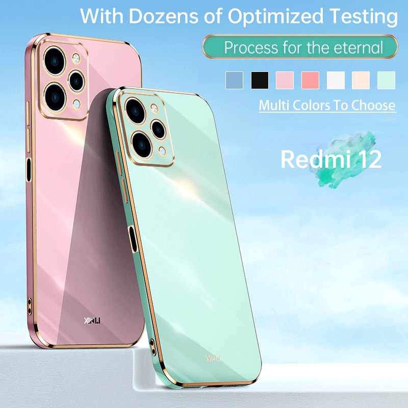 Redmi 12 4G 2023 手機殼矽膠電鍍軟殼 Redmi12 5G 後蓋光滑方形防震殼
