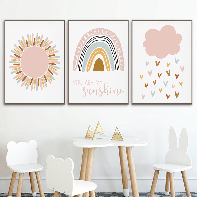 兒童海報粉色太陽雲牆藝術油畫幼兒園彩虹印花北歐兒童嬰兒房臥室裝飾