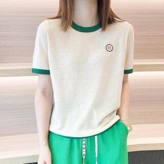 【ELLAS】冰絲上衣t恤女字母刺繡2023夏季新款韓版簡約寬鬆百搭顯瘦圓領拼色針織衫