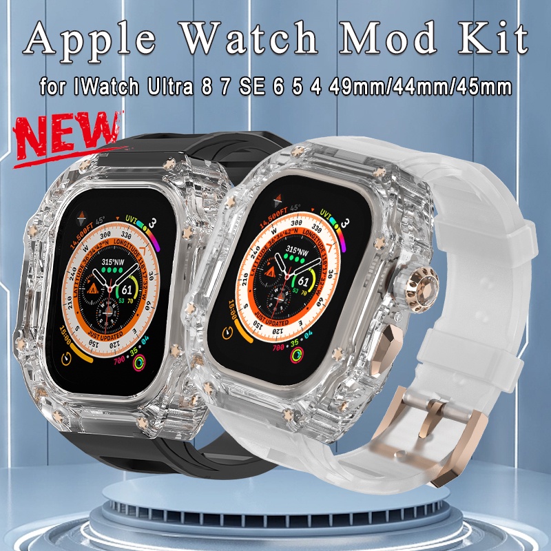 改裝套件透明錶殼氟橡膠錶帶矽膠錶帶兼容apple Watch Ultra 49mm 45MM 44MM IWatch S