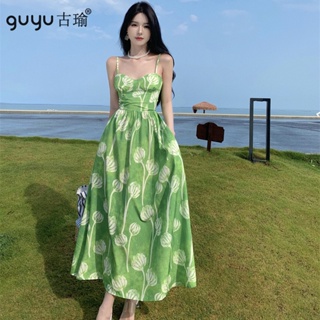 Guyu 2023 年夏季花卉長裙綠色無袖露背連衣裙 A Line Seaside 沙灘長裙