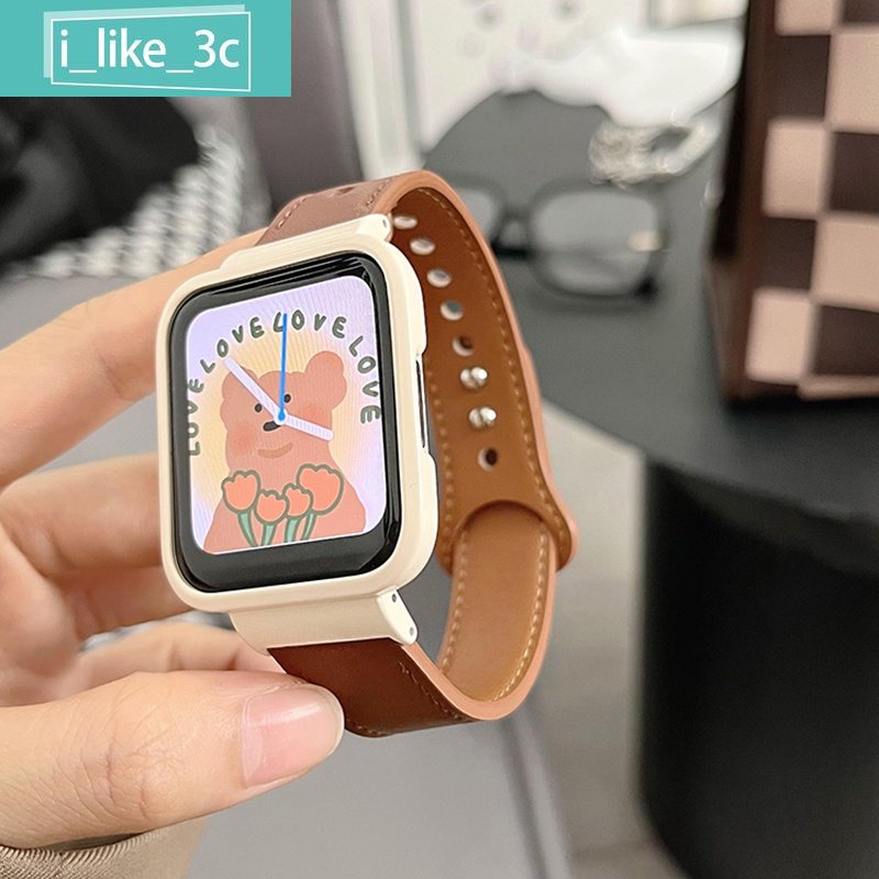 時尚新款ins風 雙釘皮質錶帶+金屬保護殼 細款適用小米手錶超值版 表帶 紅米Redmi Watch手錶 2 Lite