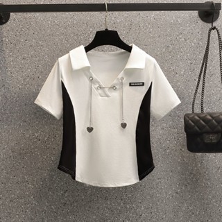 大碼T恤女|夏韓版|寬松|辣妹|炸街|撞色|短袖|胖MM顯瘦|不規則Polo領上衣|立體裝飾|撞色簡約|通勤